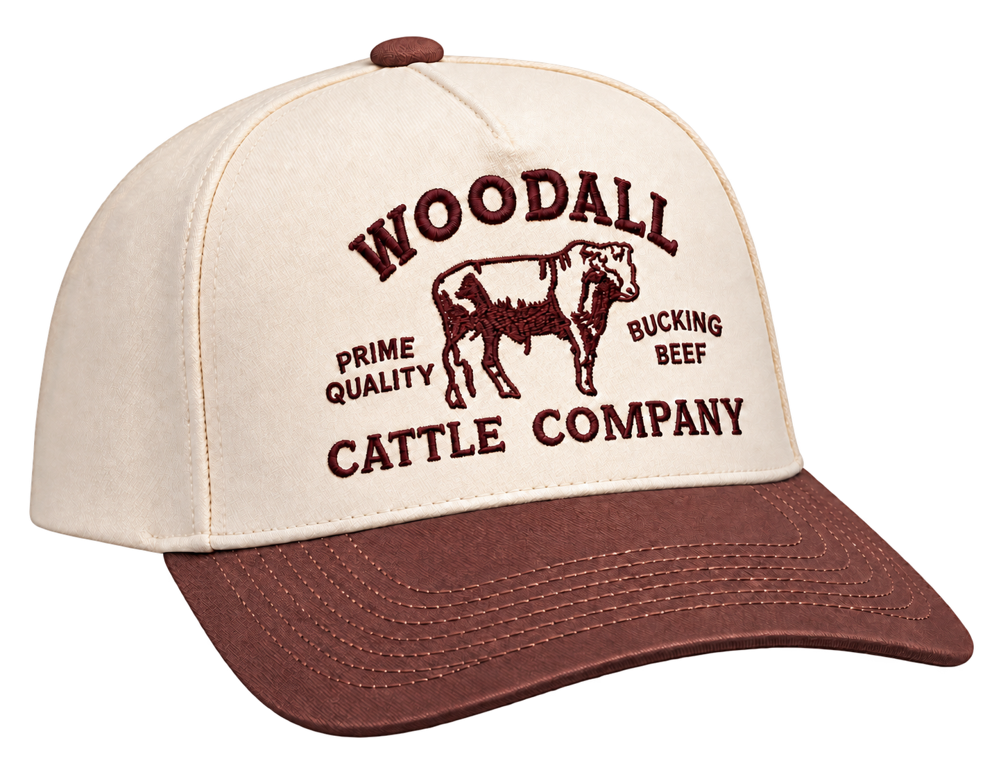 Cream Woodall Cattle Company hat with brown brim and matching brown top button