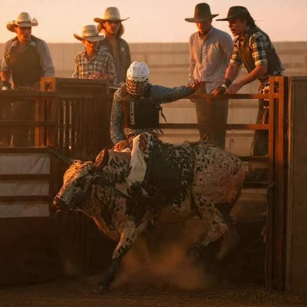 Christopher riding a bull at the rodeo