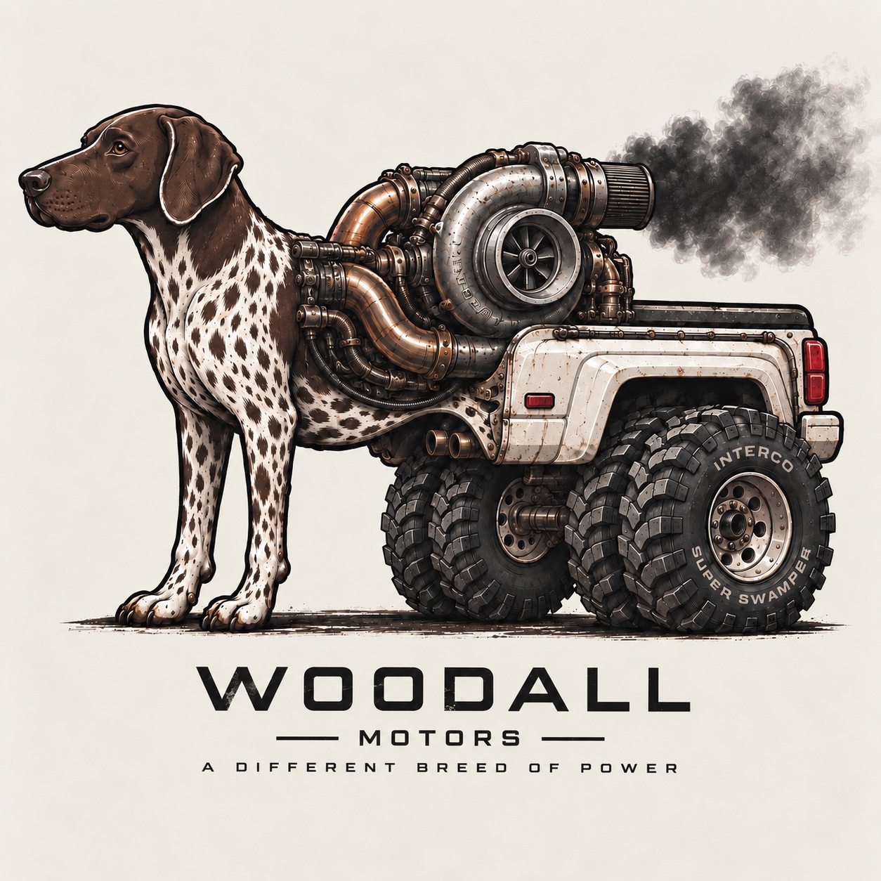 Woodall Motors dog and turbo truck mascot with A Different Breed of Power tagline
