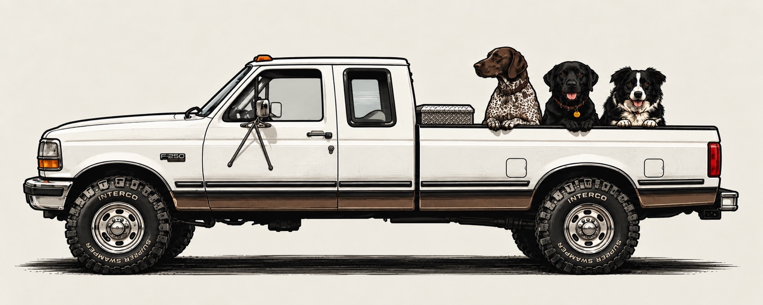 White and brown Ford F250 with three dogs riding in the bed