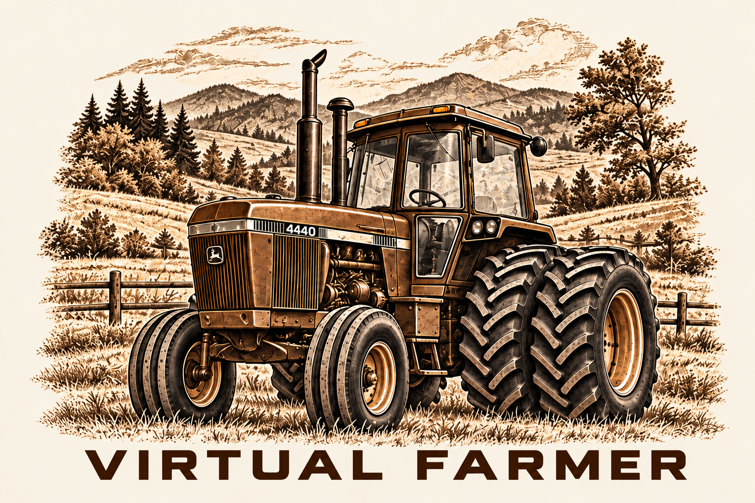 Virtual Farmer — brown 4440 tractor with dual rear tires in a wooded pasture