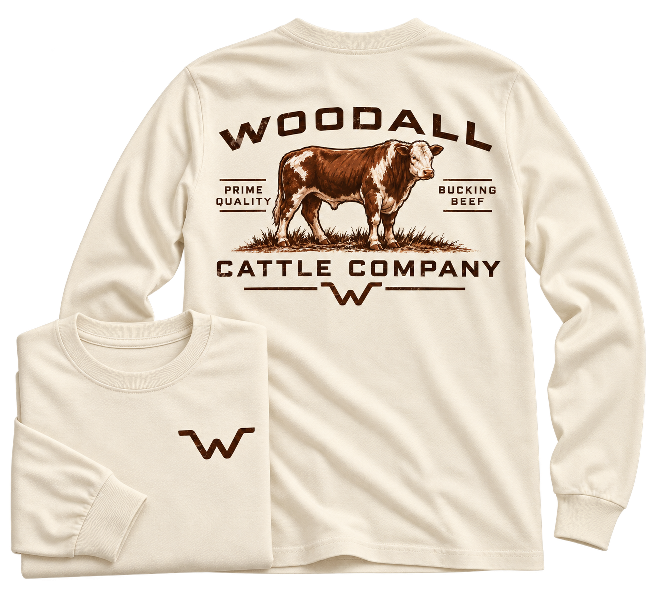 Natural Woodall Cattle Company Long Sleeve showing W front chest and Hereford cattle back logo